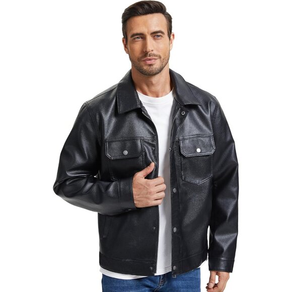 Men Black Faux Leather Biker Jacket Lightweight Vintage Bomber Zip Up Coat - Picture 7 of 8